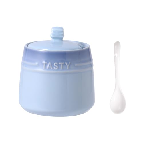 OnePine 300ml Keramik Zuckerdose mit Löffel und Deckel, Höhe 9.7 cm Haus und Küche Gewürzdosen Salztopf Keramik für Tee Zucker Salz Gewürze von OnePine
