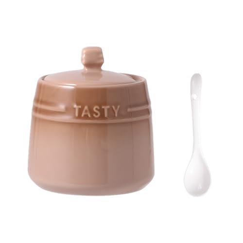 OnePine 300ml Keramik Zuckerdose mit Löffel und Deckel, Höhe 9.7 cm Haus und Küche Gewürzdosen Salztopf Keramik für Tee Zucker Salz Gewürze von OnePine