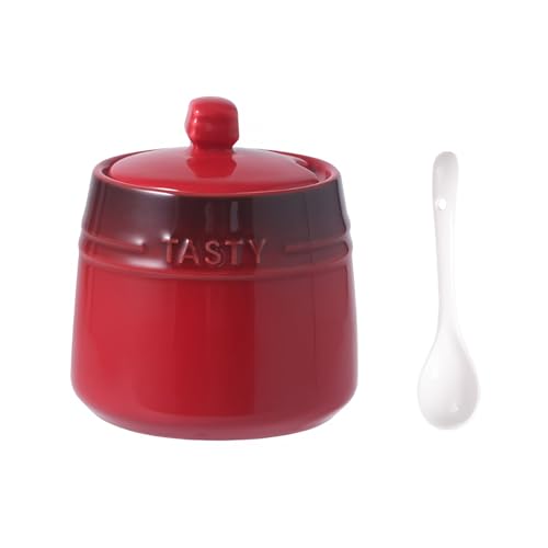 OnePine 300ml Keramik Zuckerdose mit Löffel und Deckel, Höhe 9.7 cm Haus und Küche Gewürzdosen Salztopf Keramik für Tee Zucker Salz Gewürze von OnePine