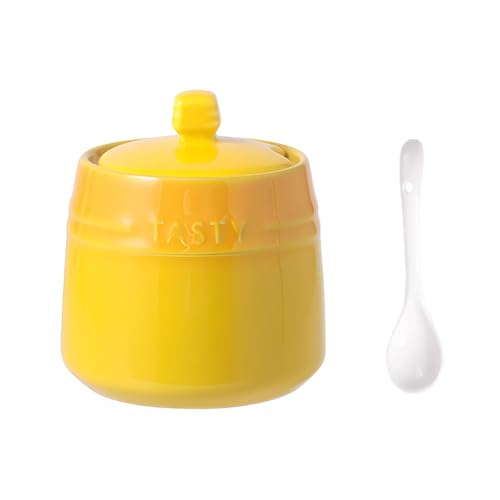 OnePine 300ml Keramik Zuckerdose mit Löffel und Deckel, Höhe 9.7 cm Haus und Küche Gewürzdosen Salztopf Keramik für Tee Zucker Salz Gewürze von OnePine