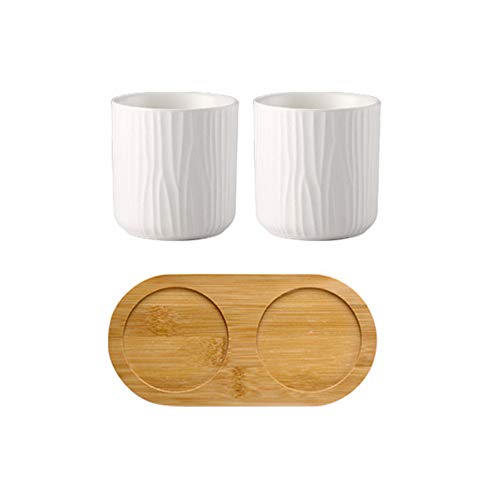OnePine Badezimmer Accessoires Set Keramik, 3-teilig, EIN Bambustablett und Zwei Zahnputzbecher von OnePine