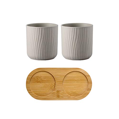 OnePine Badezimmer Accessoires Set Keramik, 3-teilig, EIN Bambustablett und Zwei Zahnputzbecher von OnePine