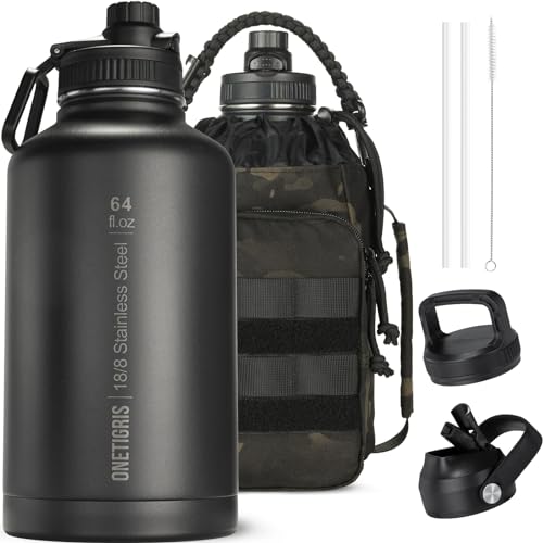 OneTigris Edelstahl Trinkflasche, Wasserflasche 1,9L Hohe Kapazität, Sportflasche mit gute Isolationswirkung für Fahrrad, Camping, Yoga, Gym, Softair, Camo Schwarz, 64OZ von OneTigris