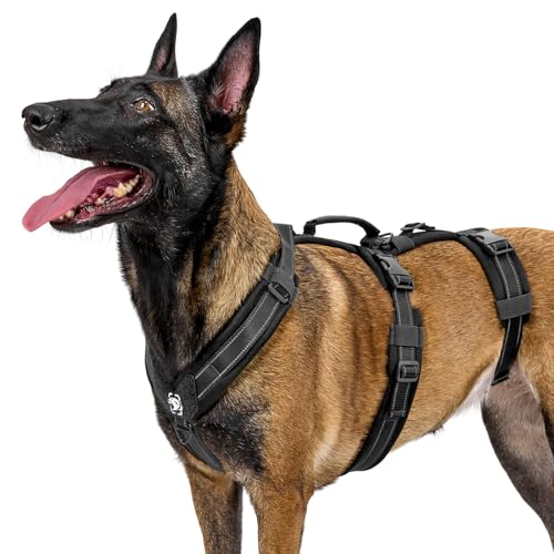 OneTigris Hundegeschirr, HOUNDLOCK Taktisches Geschirr Ausbruchsicher Einstellbar Weich Gepolstert Brustgeschirr mit 1 Griff, 2 D-Ringe und Reflektierend (Schwarz, XL) von OneTigris