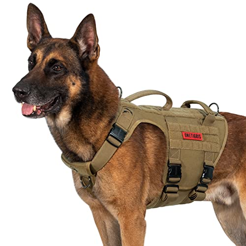 OneTigris Metallschnalle Hundegeschirr, Metall Taktisches Hundegeschirr Grosse Hunde, Verstellbar Brustgeschirr Mittelgroße Hunde 2 Griffe 3 Edelstahl D-Ring Braun XL von OneTigris