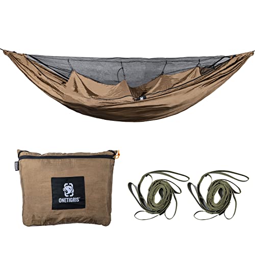 OneTigris KOMPOUND Reisehängematte 1 Person Outdoor Hängematte mit Moskitonetz |MEHRWEG Verpackung 260x130cm(Koyote Braun) von OneTigris