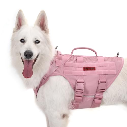 OneTigris Hundegeschirr Grosse Hunde, AIRE MESH Taktisches Anti Zug Geschirr mit 2 Griff Verstellbar Brustgeschirr No Pull Dog Harness Atmungsaktiv Rosa L von OneTigris