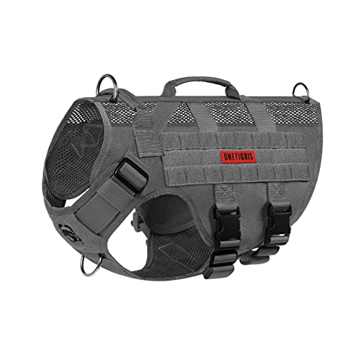 OneTigris Hundegeschirr Grosse Hunde, AIRE MESH Taktisches Anti Zug Geschirr mit 2 Griff Verstellbar Brustgeschirr No Pull Dog Harness Atmungsaktiv Grau XL von OneTigris