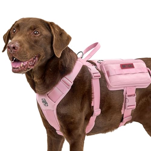 OneTigris Service Hundegeschirr, Guardian Geschirr mit 3 Edelstahl D-Ringen und Großer Kapazität Tasche, Sicherheitsgeschirr für Mittelgroße Große Hunde Rosa,L von OneTigris