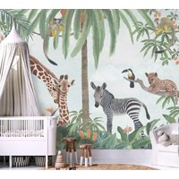 Safari Tiere Tapete ~ Dschungel Szene Wandbild Für Baby Kinderzimmer von OneTrickPonyDesign