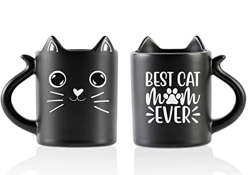 Lustige Katzen-Kaffeetasse, Katzengeschenke für Katzenliebhaber, Katzenmutter, schwarze Katzen-Tasse mit Katzenohren und Katzenschwanz-Griff, beste Katze Mama aller Zeiten von Onebttl