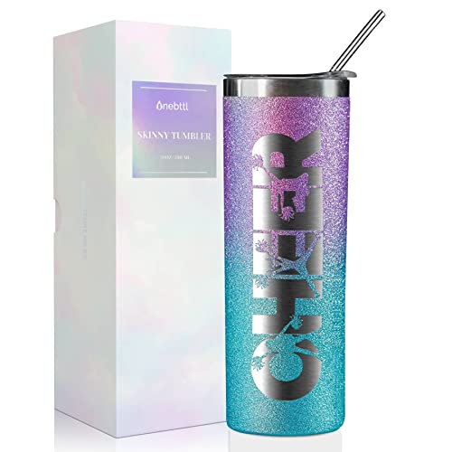 Onebttl Cheerleader Glitzer-Becher für Mädchen – Cheer – 590 ml Edelstahl-Isolierbecher mit Strohhalm, Deckel – Geschenk für Cheerleading, Coach oder Cheer Squad – (lila-blauer Farbverlauf) von Onebttl