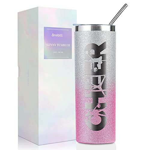 Onebttl Cheerleader Glitzer-Becher für Mädchen – Cheer – 590 ml Edelstahl-Isolierbecher mit Strohhalm, Deckel – Geschenk für Cheerleading, Coach oder Cheer Squad – (rosa-silberner Farbverlauf) von Onebttl