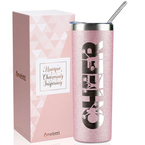 Onebttl Cheerleader Glitzer-Becher für Mädchen – Cheer – 590 ml Edelstahl-isolierter Becher mit Strohhalm, Deckel – Geschenk für Cheerleading, Trainer oder Cheer Squad – (Roségold) von Onebttl