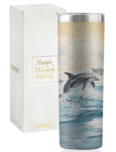 Onebttl Delfin Geschenke für Frauen, 590 ml Edelstahl-Becher mit Deckel und Strohhalm – glitzernder Sonnenuntergangs-Delphin von Onebttl