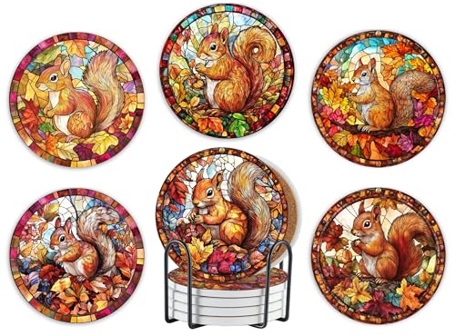 Onebttl Eichhörnchen Untersetzer für Frauen, Eichhörnchen Merch Untersetzer 6er Set Keramik saugfähig mit Korkboden von Onebttl