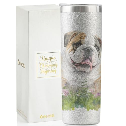 Onebttl Geschenk für Hundemutter, Hundeliebhaber, Geschenke für Frauen, beste Hundemutter aller Zeiten, 590 ml, glitzernd, silberfarben, isolierter Becher – Englische Bulldogge von Onebttl