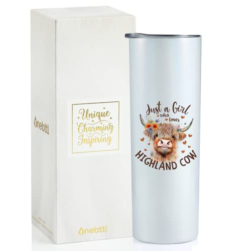 Onebttl Highland Cow Geschenke für Mädchen, niedliche Kuh-Liebhaber, Geschenke aus Edelstahl, isolierter Becher, glitzernd, weiß, 590 ml Becher mit Strohhalm und Deckel von Onebttl