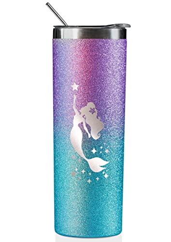 Onebttl Mermaid Gifts for Girls & Women – 590 ml Edelstahl-isolierter Becher mit Strohhalm und Deckel, Message Card, Be Mermazing (Glitzer-Violett) von Onebttl