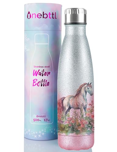 Onebttl Pferde Geschenke für Mädchen Frauen Isolierte Edelstahl Wasserflasche für Reiter Pferdeliebhaber Cowgirls zum Geburtstag Weihnachten Schulanfang Silber-Pink Farbverlauf Glitzer von Onebttl