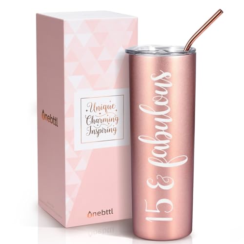 Onebttl Quinceanera Geschenke zum 15. Geburtstag, Geschenke zum 15. Geburtstag für Mädchen, Frauen, Sie – 590 ml Edelstahl-Isolierbecher mit Strohhalm, Deckel – Roségold 15 & Fabulous von Onebttl