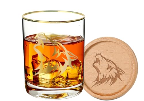 Onebttl Wolf Whiskey Glas Set mit Untersetzer, altmodisches Glas mit goldenem Rand, Wolf Geschenke für Geburtstag, Weihnachtsgeschenke von Onebttl
