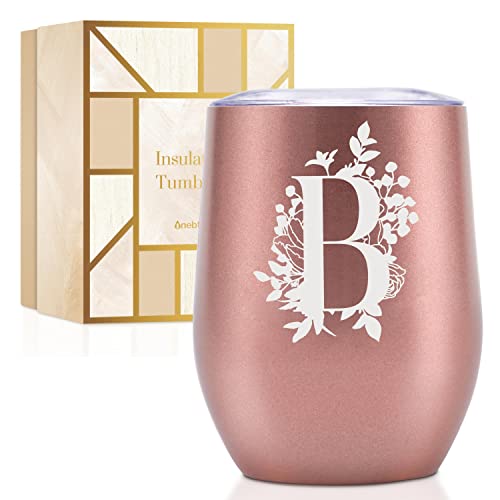 Personalisierte Becher mit Deckel für Frauen, monogrammierte Kaffeetasse mit Initiale B, Geschenke für sie, Mädchen, Brautjungfern, Freunde, Schwestern, Mutter, Roségold von Onebttl