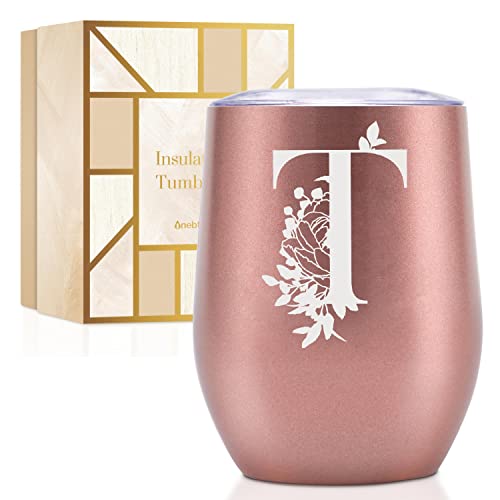 Personalisierte Becher mit Deckel für Frauen, monogrammierte Kaffeetasse mit Initiale T, Geschenke für sie, Mädchen, Brautjungfern, Freunde, Schwestern, Mutter, Roségold von Onebttl