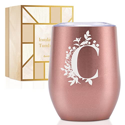 Thermobecher Personalisiert, Geburtstagsgeschenk für Frauen, Personalisierte Geschenke Für Freundin, Schwester, Mütter, Tochter, Tante - Kaffeetasse 340 ml, Kaffeebecher mit Deckel, Roségold, C von Onebttl