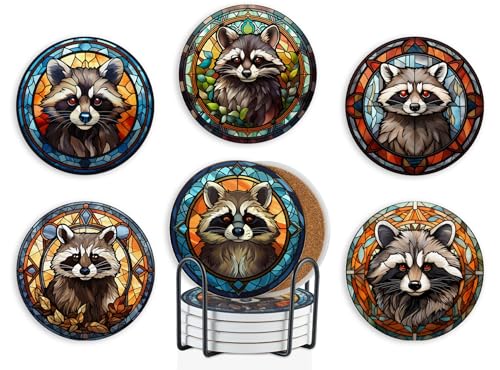 Waschbär-Geschenke, Keramik-Untersetzer für Getränke, saugfähig, mit Halter, Buntglas-Untersetzer, 6 Stück von Onebttl
