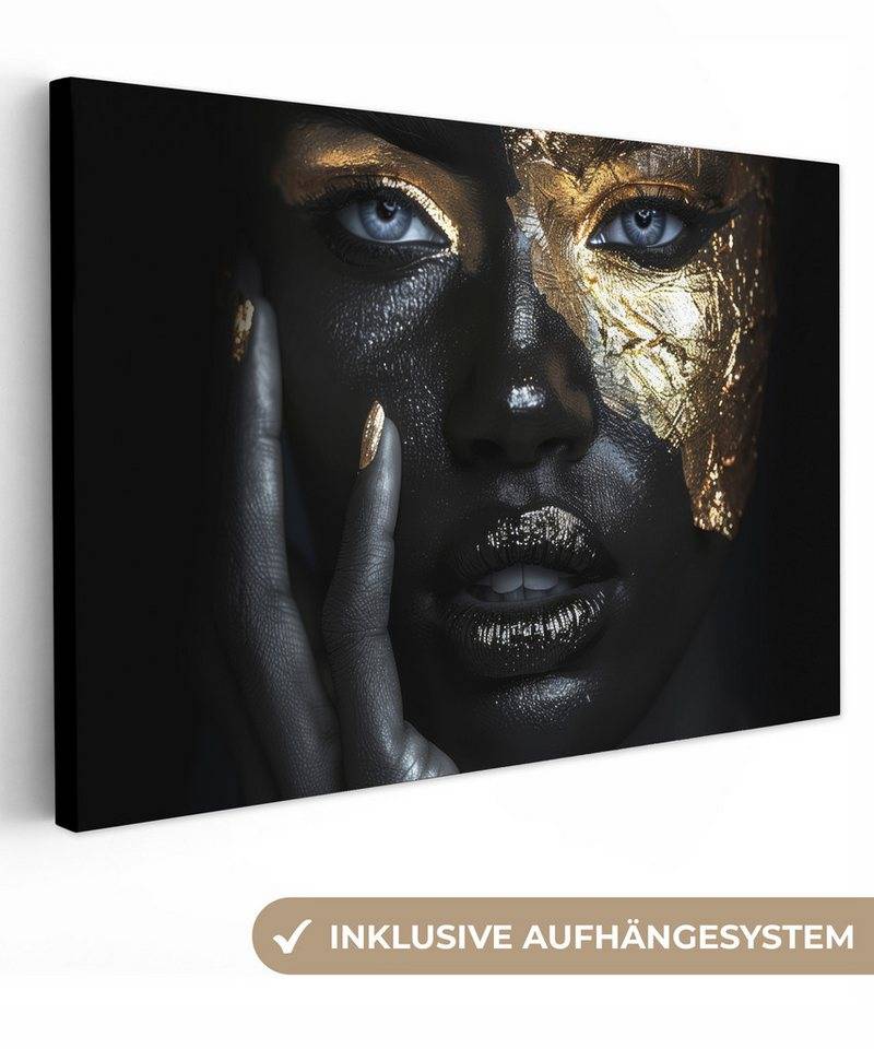 OneMillionCanvasses® Leinwandbild Frau - Gold - Porträt - Modern - Schwarz - Abstrakt, (1 St), Leinwand Bilder Klein, Wand Dekoration Aesthetic 30x20 cm von Onemillioncanvasses
