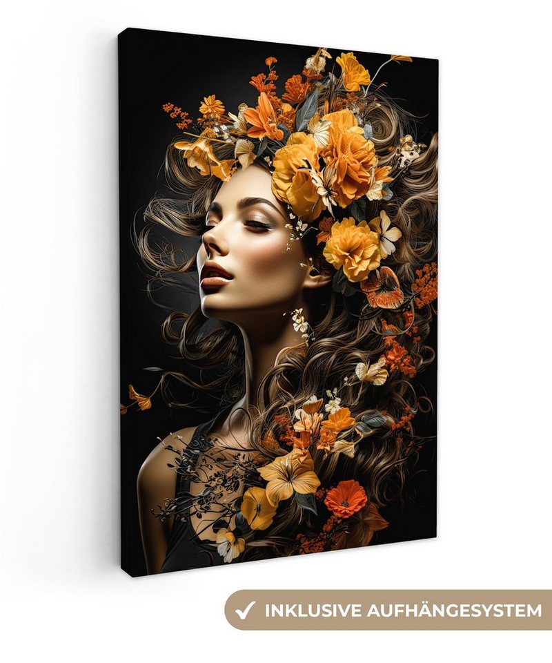 OneMillionCanvasses® Leinwandbild Frau - Porträt - Blumen - Farbenfroh, (1 St), Leinwand Bilder für Wohnzimmer Schlafzimmer 30x40 cm von Onemillioncanvasses