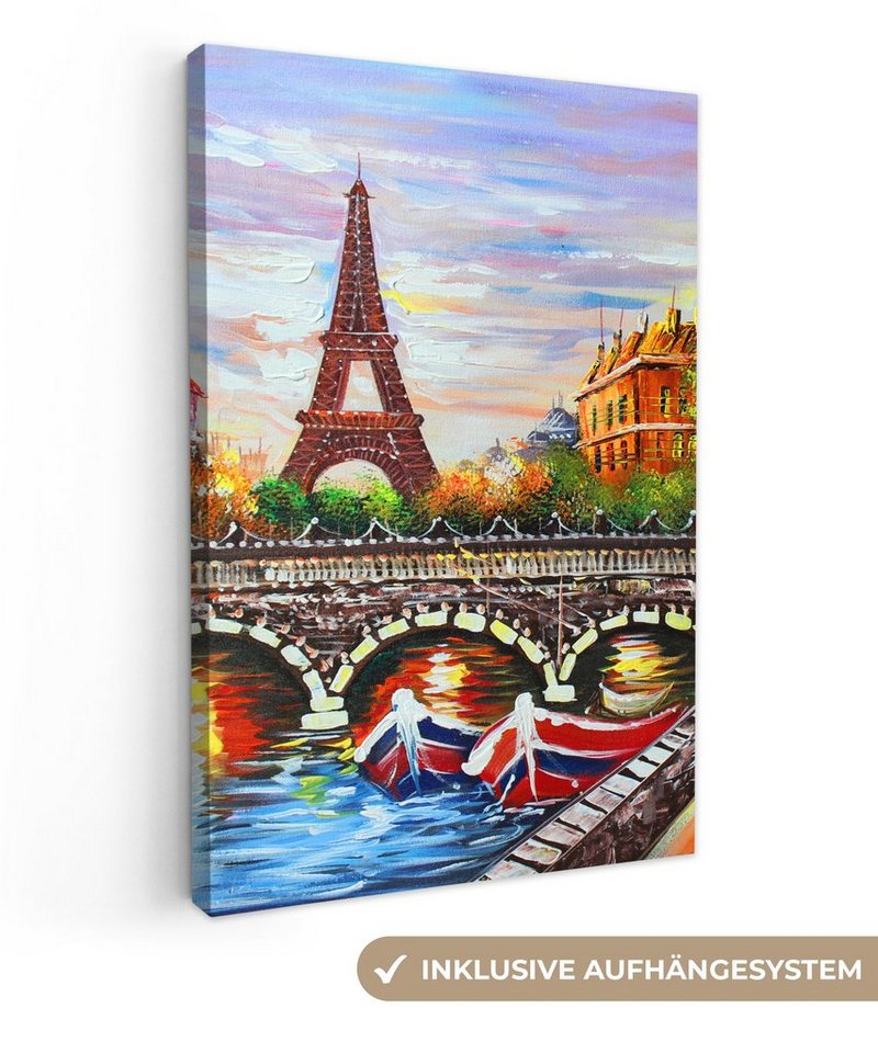 OneMillionCanvasses® Leinwandbild Leinwandgemälde - Öl - Eiffelturm - Paris - Wasser, (1 St), Leinwandbilder XXL für Wohnzimmer 90x140 cm von Onemillioncanvasses