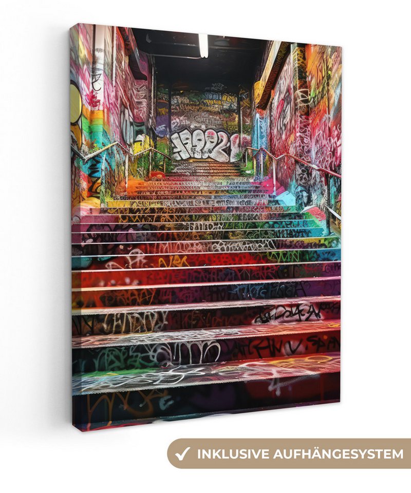 OneMillionCanvasses® Leinwandbild Treppe - Graffiti - Farben - Kunst, (1 St), Leinwand Bilder für Wohnzimmer Schlafzimmer 30x40 cm von Onemillioncanvasses