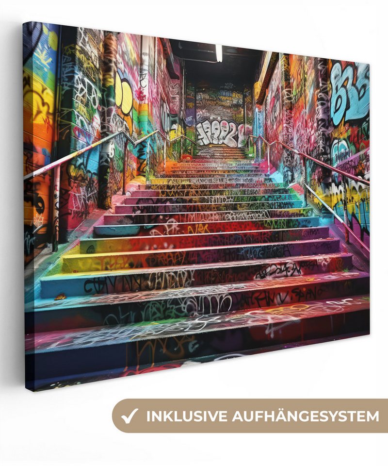 OneMillionCanvasses® Leinwandbild Treppe - Graffiti - Farben - Kunst, (1 St), Wandbild Leinwandbilder, Aufhängefertig, Wanddeko 40x30 cm von Onemillioncanvasses
