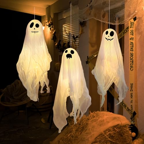 Halloween Deko Geist Mit Warmweißen LED, 3 Stück Halloween Hängende Geister Deko 45cm, Helloween Ghosts, Halloween Geistergesicht Windsack, Halloween Deko Für Hof, Garten, Terrasse, Rasen, Partydekor von Oneshlee