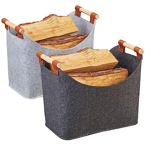 Filztasche Kaminholz, Kaminholzkorb Filz Grau, Filztaschen Für Holz, Filzkorb Kaminholz, Filzkorb Aufbewahrung Kamintasche Zeitungskorb, Kaminzubehör Brennholzkorb (1*Dunkel+1*Helle 45 * 32 * 40cm) von Oneshlee