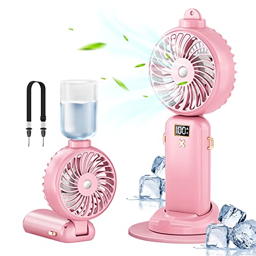 Handventilator Mit Sprühnebel Akku Aufladbar, Klein Usb Handventilator Leise Faltbar 5windgeschwindigkeiten, Mini Hand Ventilatoren Mit Wasser Batteriebetrieben Sommer Geschenk (Rosa 5000mAh) von Oneshlee