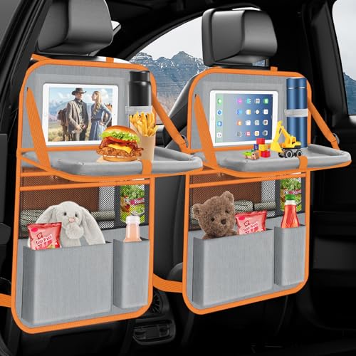 Oneyus Auto Organizer, 2 Stück Autositz Organizer Große Rückenlehnenschutz Auto Kinder Multifunktional Wasserdicht Rücksitz Organizer mit Klapptisch,Tablet Tasche und Viele Taschen-Grau Orange von Oneyus