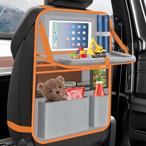 Oneyus Auto Organizer, Autositz Organizer Große Rückenlehnenschutz Auto Kinder Multifunktional Wasserdicht Rücksitz Organizer mit Klapptisch,Tablet Tasche und Viele Taschen-Grau Orange von Oneyus