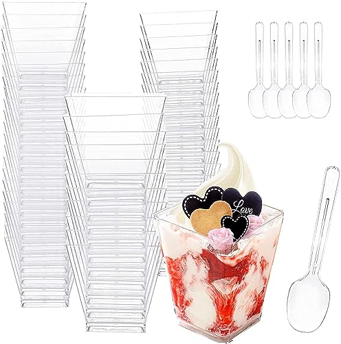 Desserttassen 50 Stück Plastik Dessertbecher mit Löffeln Wiederverwendbar Desserttassen Quadratischer Dessertbechern Set Wiederverwendbar Dessertbecher für Dessertparty Pudding Mousse Eis 5oz/150ml von Onezebra