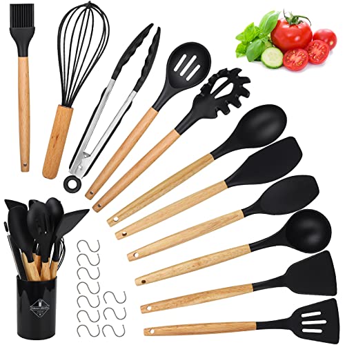 Neu Küchenhelfer Set, 22-teiliges Küchenhelfer Set, Silikon Kochutensilien Kochbesteck Set Antihaft Hitzebeständiger Silikonspatel Set Küchenutensilien mit Holzgriff-10 S-Haken,Spülmaschinenfest von Onezebra