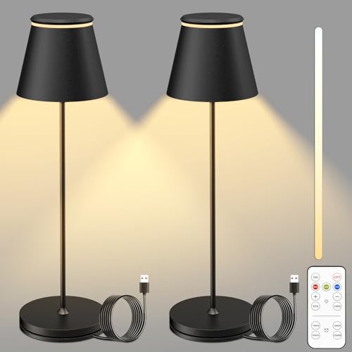 Onherm 2 Stück Tischlampe LED Kabellos Dimmbare mit Fernbedienung, Akku Tischleuchte Aufladbar Nachttischlampe Touch Lampe mit Timer, 3000K Warmweißes Licht, USB Ladestation, Indoor Outdoor, Schwarz von Onherm