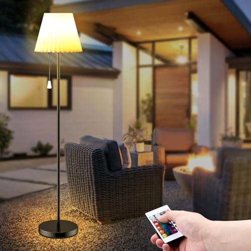 Onherm Solar Stehlampe Outdoor Lampe mit Lichtsensor, Warmweiß und 14 Farblicht Dimmbar LED Solarlampen, 5 Höhen Akku Stehleuchte Kabellos für Terrassen Garten Wohnzimmer Innen Außen, USB Aufladbar von Onherm