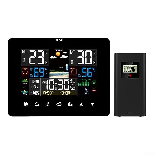 Drahtlose Wetterstation, Oniissy Touchscreen-Display Funkwetterstation Indoor Outdoor mit Sensoren, Farbdisplay Digitale Atomuhr Innen Außen Thermometer Wireless, Vorhersage Station Barometer, Wecker von Oniissy