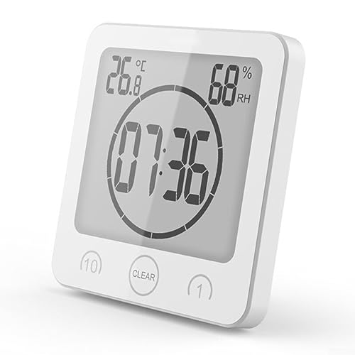 Oniissy Badezimmer-Uhr, digitaler LCD-Alarm Wecker Bad Uhr Luftfeuchtigkeit Temperatur Wanduhren, mit Uhr, Touchscreen, wasserdicht,Countdown, 3 Montagemethoden, Stromversorgung über Akku (weiß) von Oniissy