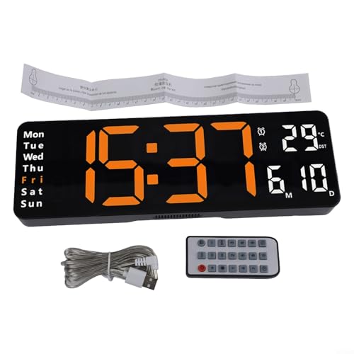 Oniissy Große digitale Wanduhr mit Temperaturanzeige, Fernbedienung, mehrere Alarme, automatischer Helligkeitssensor für Wohnzimmer, Büro, Tischplatte (orangefarbenes Licht) von Oniissy