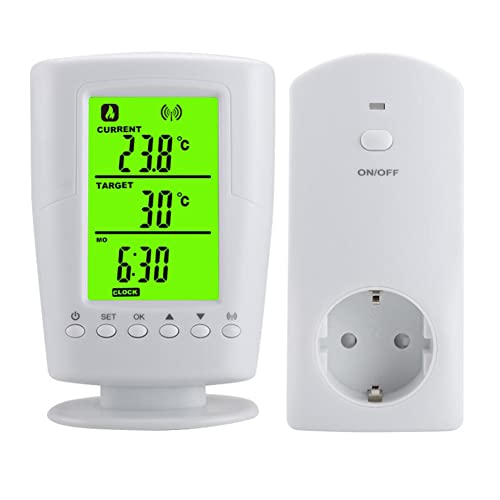 Oniissy Wireless Thermostat Steckdose Digitaler Temperaturregler mit Heizung- und Kühlmodus. Funk Fernbedienung mit Temperatursensor-LCD-Display mit Hintergrundbeleuchtung,Kindersperr Reset Funktion von Oniissy