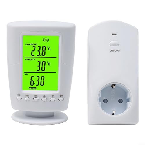 Oniissy Wireless Thermostat Steckdose Digitaler Temperaturregler mit Heizung- und Kühlmodus. Funk Fernbedienung mit Temperatursensor-LCD-Display mit Hintergrundbeleuchtung,Kindersperr Reset Funktion von Oniissy