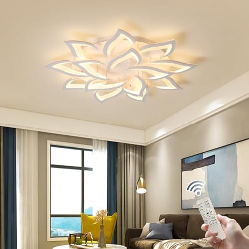 Oninio LED Deckenleuchte, Blumenform Design Deckenleuchte, Moderne Deckenleuchte mit Fernbedienung, Weiße Acryl Deckenleuchte für Wohnzimmer, Schlafzimmer 90W,14 Pedale von Oninio